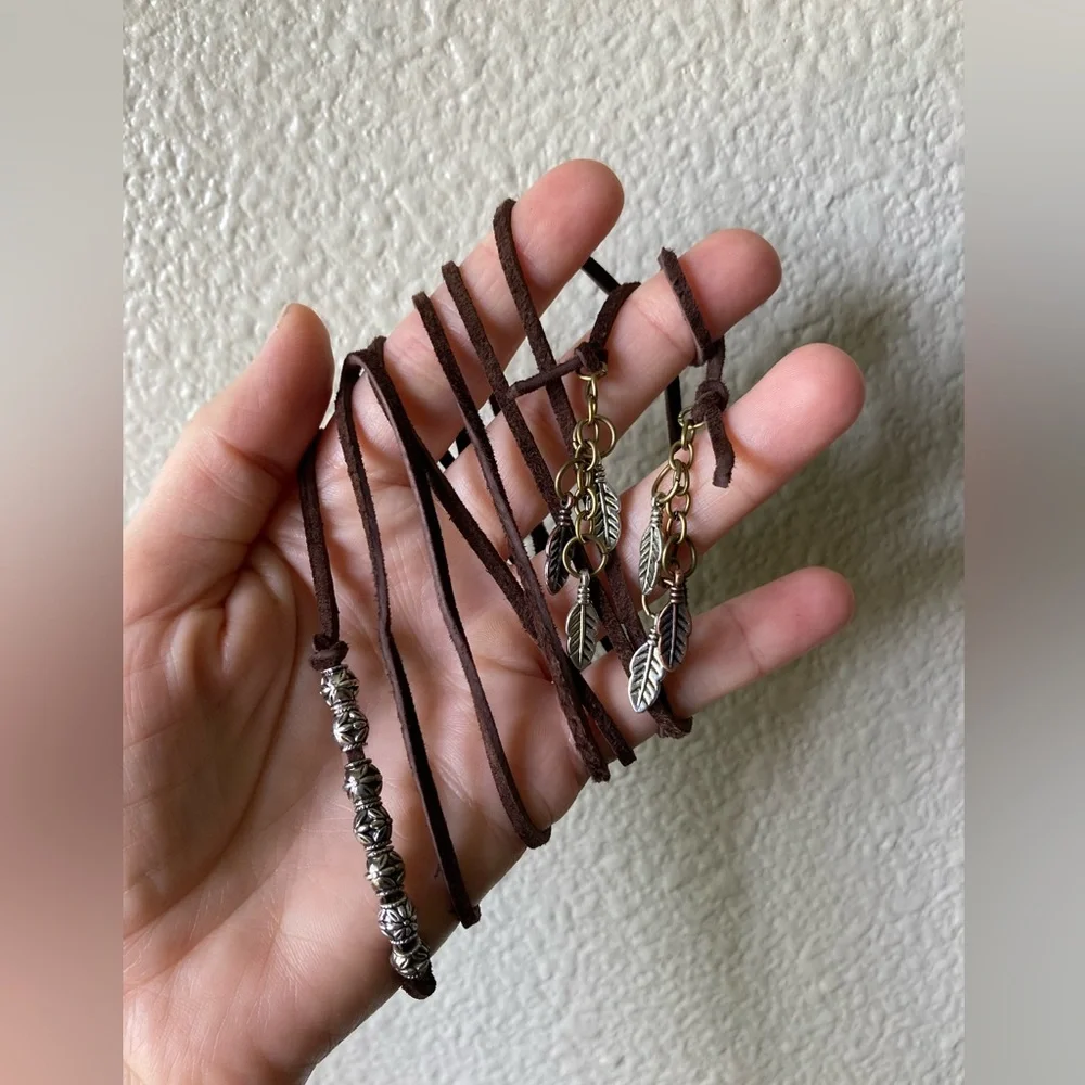 Boho Multi-Strand Suede Wrap Necklace with Silver Beads - Picture 2 of 5